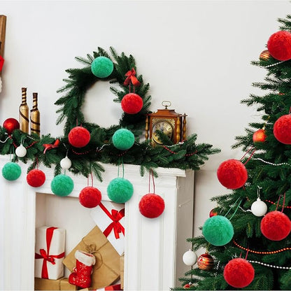 24 Pcs Red Green Fur Christmas Ornaments 3.15 Inch Pom Pom Ball Lime Green Hanging Decoration Fuzzy Fluffy Christmas Tree Decorations for Xmas Tree Wreath Home DIY Craft Gift Party Decor