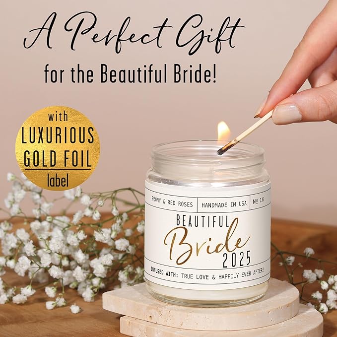 Bridal Shower Gifts, Bride Gifts for Bride to Be - 'Beautiful Bride 2025' Soy Wedding Candle, w/Peony Wedding Bouquet - infused w/Essential Oils I Bachelorette Gifts for Bride I 50Hr Burn, USA Made
