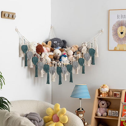 Pretty Jolly Stuffed Animal Storage with Hand Woven Leaf Tassels Hammock Corner Hanging Net Boho Macrame Plush Storage for Kid Room Nursery Decor Wall Display for Girls Gift(Gray&Blue)