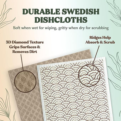 FEBU Swedish Dish Cloths 5 Pack Floral Reusable Washable Kitchen Dish Towels