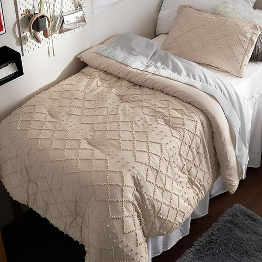 Bedsure Twin Comforter Set - Warm Tan Comforter, Boho Tufted Shabby Chic Bedding for Kids, 2 Pieces Vintage Farmhouse Bed Set for All Seasons, Fluffy Soft Bedding with 1 Pillow Sham