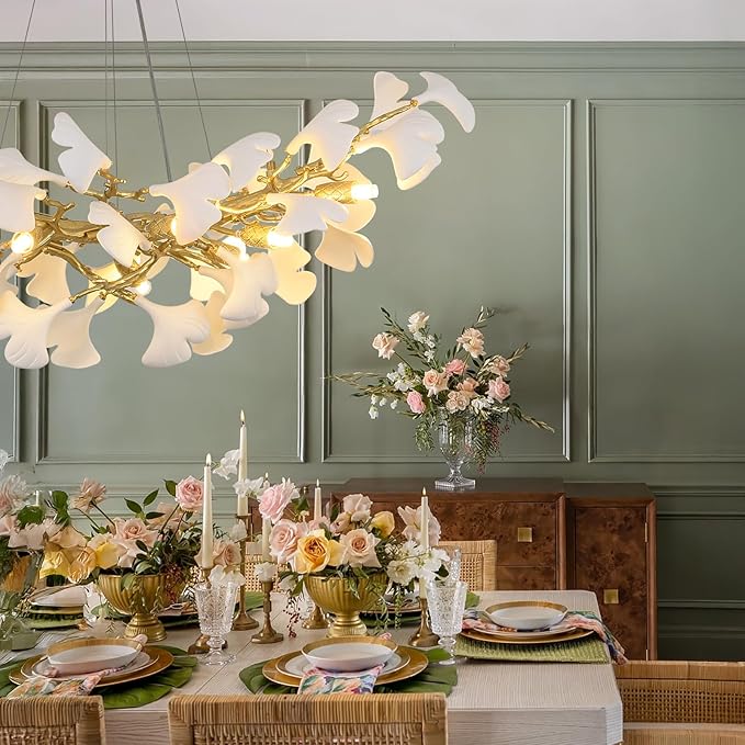 Modern Gold and White Tree Branch Chandeliers for Dining Room,36" Rectangle Ceramic Ginkgo Leaf Chandelier, Dining Chandelier,Linear Chandeliers for Dining Room, Living,Kitchen