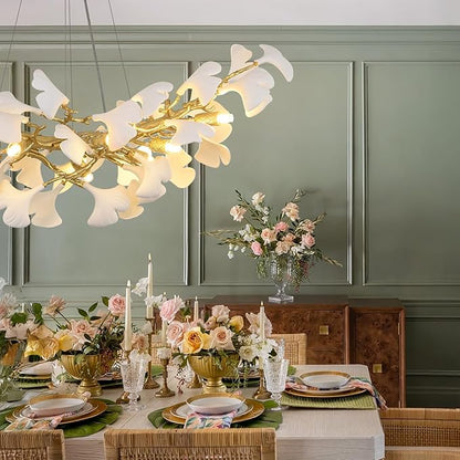 Modern Gold and White Tree Branch Chandeliers for Dining Room,36" Rectangle Ceramic Ginkgo Leaf Chandelier, Dining Chandelier,Linear Chandeliers for Dining Room, Living,Kitchen