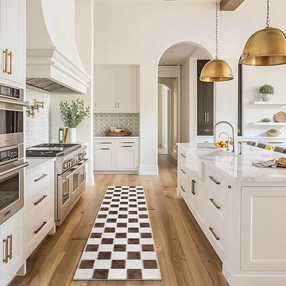 EVERGRACE Checkered Plaid Area Rug 2x8, Soft Fuzzy Faux Wool Rugs Washable Anti Slip Rugs Long Runner Rug Carpet for Entryway Bedroom Living Room Hallway Kitchen Dining Room and Laundry, Dark Brown