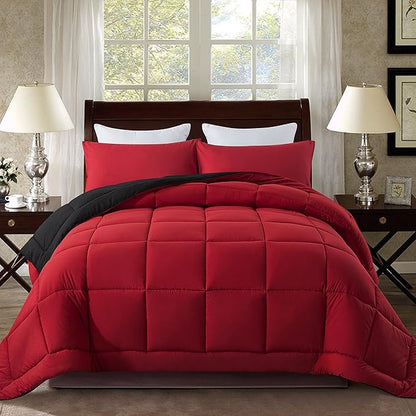 DOWNCOOL Queen Comforter Set -All Season Bedding Comforters Sets with 2 Pillow Cases-3 Pieces Bedding Sets Queen -Down Alternative Red/Black Queen Size Comforter Sets(88"x90")