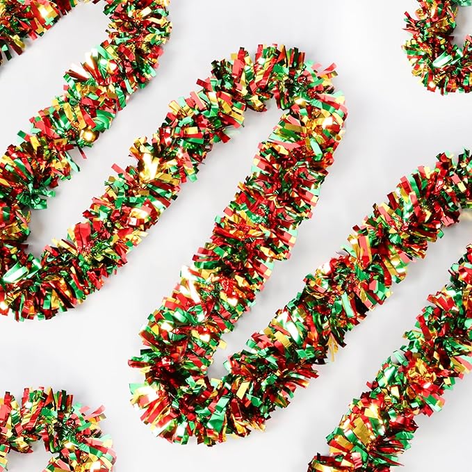 50Ft Christmas Tinsel Garland - Red Green Gold Shiny Metallic Twist Decor for Christmas Tree Home Stairs Railing Front Door Mantle Fireplace Indoor Outdoor Holiday Party