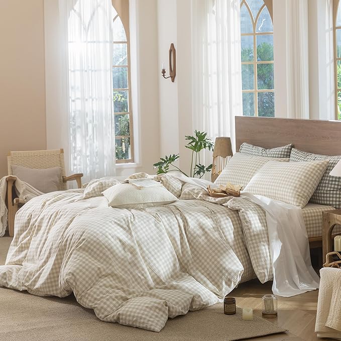 MooMee Gingham Duvet Cover Set 100% Washed Cotton Linen Like Textured Breathable Durable Soft Comfy Modern Checkered Design (Almond Milk Grey Gingham, Full 80"x90")