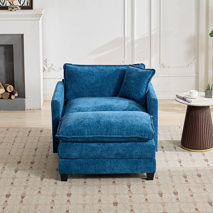 SoarFlash Chenille Sectional Sofa Ottoman,Blue