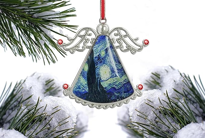 XUTAI Angel Christmas Tree Ornament Van Gogh Starry Night Style Glass Christmas Hanging Angel Glass Pendant for Holiday Decoration