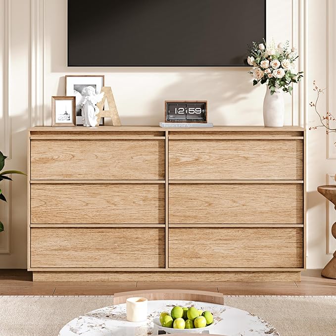 55.12" Modern Chest of Drawer, 6 Deep Drawers,Clothes Organizer,Large Storage Cabinet for Living Room, Bedroom,Dresser TV Stand, Wood Drawer Organizer for Living Room, Hallway, Natural