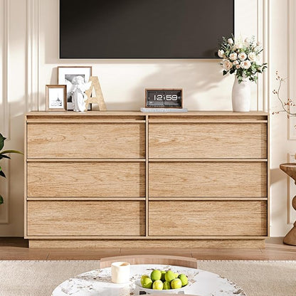 55.12" Modern Chest of Drawer, 6 Deep Drawers,Clothes Organizer,Large Storage Cabinet for Living Room, Bedroom,Dresser TV Stand, Wood Drawer Organizer for Living Room, Hallway, Natural