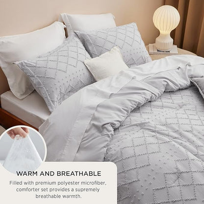 Bedsure King Comforter Set - Light Grey Comforter, Boho Tufted Shabby Chic Bedding for Kids, 3 Pieces Vintage Farmhouse Bed Set for All Seasons, Fluffy Soft Bedding with 2 Pillow Shams