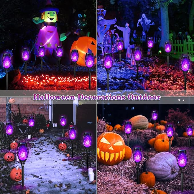 12Pack Purple Solar Torch Lights for Outdoor Halloween Decorations, Halloween LED Lights for Outdoor Decor, Solar Flame Torches for Outside Decor, Luces Solares for Pathway Garden Yard Decorations