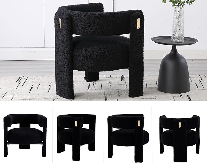 Black Boucle Barrel Accent Chair, Comfy Upholstered Living Room Chair Mid-Century Modern Reading Chair with Open Back Round Corner Side Sitting Lounge Armchair for Bedroom/Office