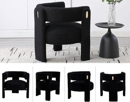 Black Boucle Barrel Accent Chairs Set of 2, Comfy Upholstered Living Room Chairs Mid-Century Modern Reading Chair with Open Back Round Corner Armchairs, Side Sitting Lounge Chairs for Bedroom/Office