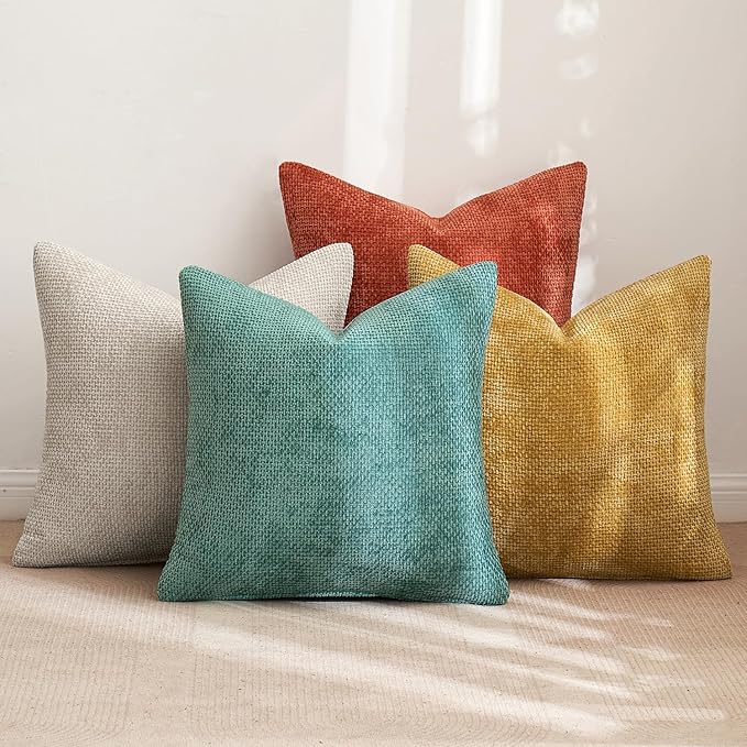 MIULEE Pack of 4 Throw Pillow Covers 18x18 Inch Neutral Orange/Teal Soft Decorative Chenille Pillow Covers Farmhouse Accent Cushion Covers for Boho Home Decor Spring Bedroom Living Room