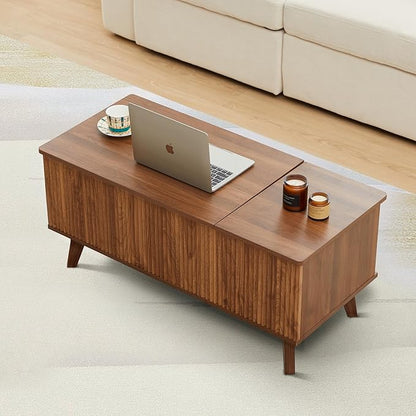 Wooden Fluted Lift Top Coffee Table with Hidden Compartment, Modern Rectangle Center Tables with Adjustable Storage Shelf, Lift Tabletop Dining Table for Home Living Room Office(Walnut)