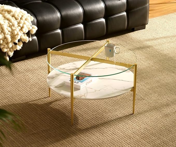 AGV LIGHTING Round Glass Coffee Table, Mid-Century Modern Coffee Table for Living Room, Glod Finish Leg, Tempered Glass Top with White Marble MDF Shelf