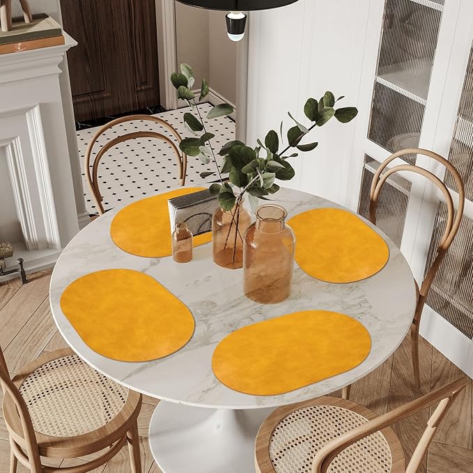 ADRIMER Placemats, Heat Resistant Oval Placemats Set of 6 Washable 12 x 17 Inch, Waterproof Table Mats, Wipeable Pu Place Mats for Kitchen, Dining Room, Yellow