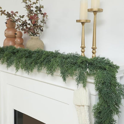 Dingion 1 Pcs 6 ft Christmas Cedar Garland - Artificial Realistic Green Faux Cedar Pine Garland Soft and Thick for Home Table, Mantle, Wall, Door, Indoor & Outdoor Christmas Party Decorations