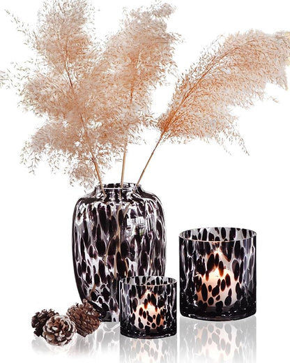 CONVIVA Decorative Glass Vase and Candle Holder Set, 3-Piece, Flower Vase Tortoise Pattern,Modern Fall Home Decor Thanksgiving Chrismas Day Gift Idea.