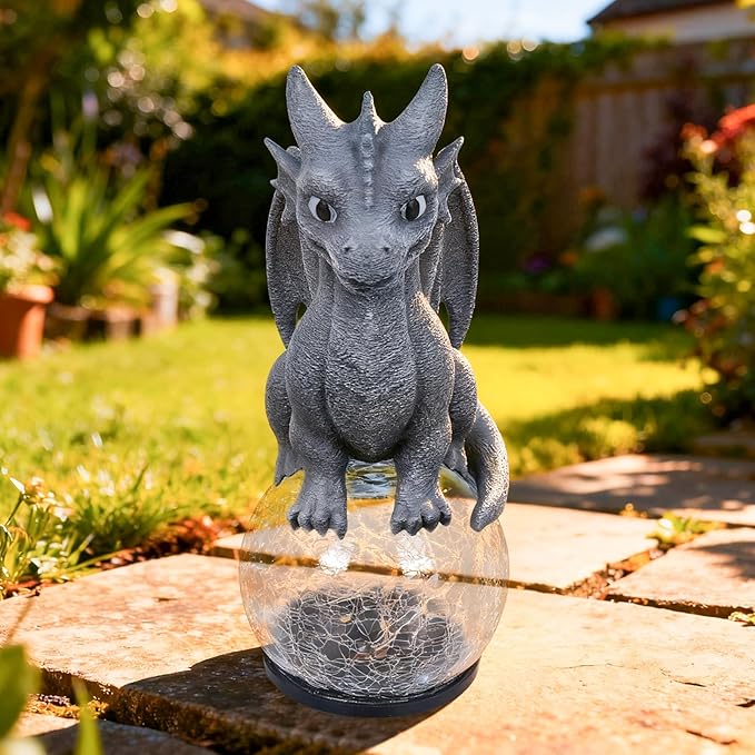 Baby Dragon Solar Garden Statue with Crackle Glass Globe Light - Whimsical Outdoor Fantasy Decor - Colorful LED Yard Ornament - Birthday for Dragon Lovers Kids Mom Grandma