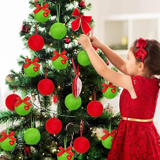 12 Pcs Lime Green with Red Bow Furry Christmas Ball Ornaments Christmas Tree Decorations Pom Pom Ball Ornaments for Christmas Decorations Fireplace Mantel Wall Decor