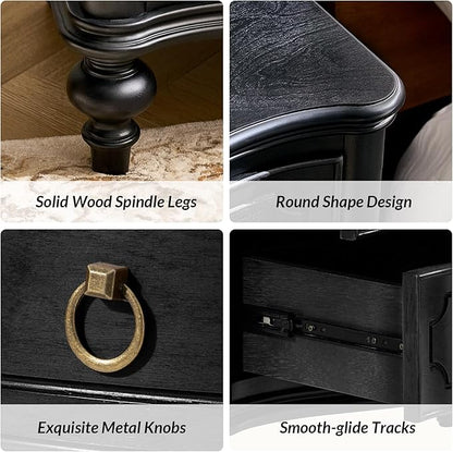 HULALA HOME Wood Nightstands Set of 2 with Charging Station for Bedroom, 3 Drawers Traditional Nightstand Solid Wood Legs, USB Ports & Three-Prong Plugs, Black