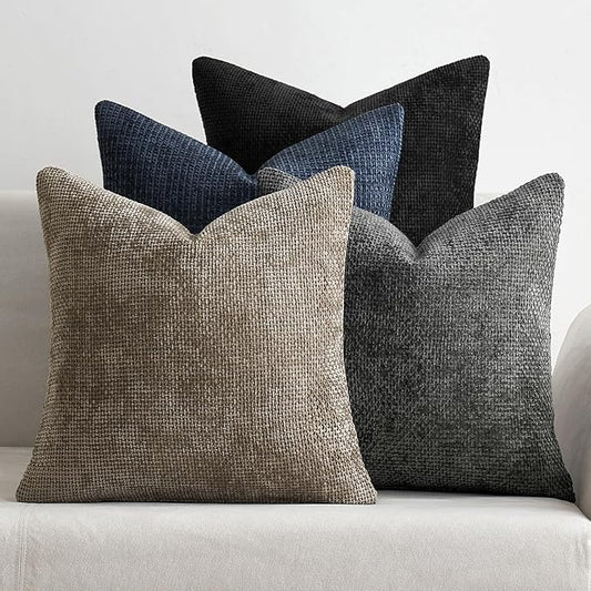 MIULEE Pack of 4 Throw Pillow Covers 18x18 Inch Neutral Navy/Grey Soft Decorative Chenille Pillow Covers Farmhouse Accent Cushion Covers for Boho Home Decor Bedroom Living Room