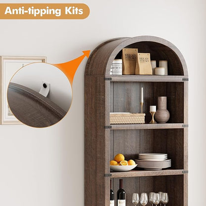 GarveeHome Bookcase 5 Shelf Arched Bookshelf 71.65in Tall Bookcase Farmhouse Display Storage Rack Wooden Bookshelves for Home Office, Living Room (Brown)