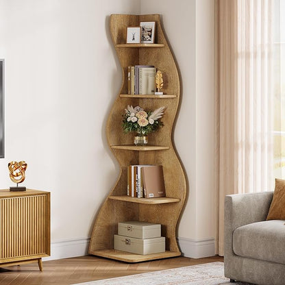 Tribesigns Wavy Corner Shelf, Modern 5-Tier Bookshelf Bookcase with Curvy Shape, Unique Plant Stand Display Rack for Living Room Small Space (Light Brown)