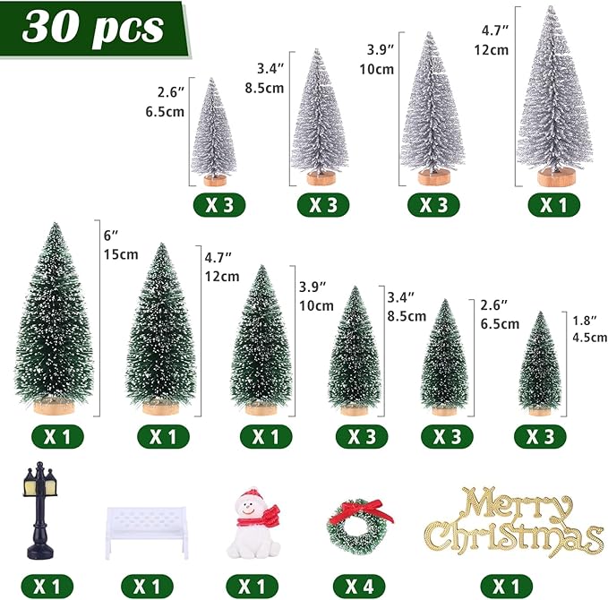 Mini Christmas Tree, Small Pine Tree with Wooden Bases for Xmas Holiday Party Home Tabletop Tree Decor (Silver/Green 30pcs)