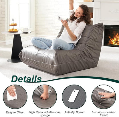 Hobestluk Giant Bean Bag Chair Lazy Floor Sofa, Fireside Sofa for Adults, Big Beanbag Faux Leather Armless Chair for Living Room Bedroom Dorm Office (Grey, Single)