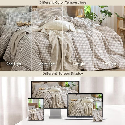MooMee Gingham Duvet Cover Set 100% Washed Cotton Linen Like Textured Breathable Durable Soft Comfy Modern Checkered Design (Tannish Linen Grey Gingham, Super King 108"x98")