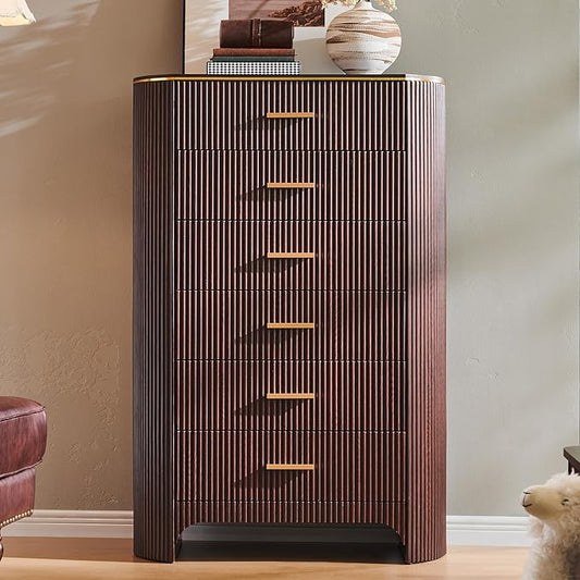 Fluted 6 Drawer Tall Dresser with Curved Profile,47.8" Tall Drawers with Reeded Texture,Gold Handles Storage Organizer Cabinet for Bedroom,Living Room,Entryway,Brown Oak