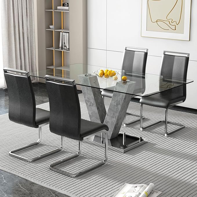 71" Glass Dining Table Set for 4, Kitchen Table and 4 PU Leather Chairs, Dining Table Set Ideal for Living Room