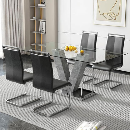 71" Glass Dining Table Set for 4, Kitchen Table and 4 PU Leather Chairs, Dining Table Set Ideal for Living Room