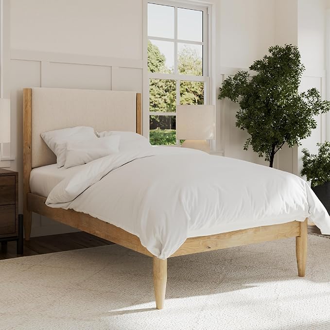 DG Casa Solid Wood Boucle Mid-Century Modern Twin Size Wooden Platform Bed Frame - Upholstered in Taupe Boucle - Natural Finish
