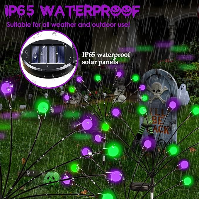 Halloween Decorations Outdoor Solar Pathway Lights, 6 Pack 48LED Solar Firefly Lights Green and Purple, Sway by Wind, Waterproof Solar Halloween Lights for Patio Garden Yard Lawn Horror Party Decor
