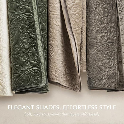 EVERGRACE Luxury Pearl Velvet Quilt Set Queen Size 3 Pieces, Soft Paisley-Stitch Velvet Comforter Set with Pillow Shams, Lightweight Bedspread Coverlet Bedding Set, Stone Taupe