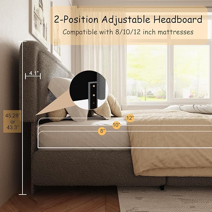 Queen Size Boucle Bed Frame, Cloud Upholstered Platform Bed with Height Adjustable Headboard & Soft Rounded Corners, No Box Spring Needed, Noise Free, Easy Assembly, Light Grey