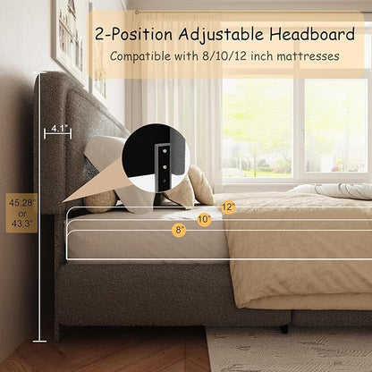 Queen Size Boucle Bed Frame, Cloud Upholstered Platform Bed with Height Adjustable Headboard & Soft Rounded Corners, No Box Spring Needed, Noise Free, Easy Assembly, Light Grey