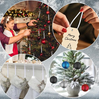 JUNEBRUSHS 300Pcs Christmas Ornament Ribbon Hangers, Hand Tied Ornaments String Ties Ornament Loops Thin Ribbon for Christmas Tree Hanging Decoration White