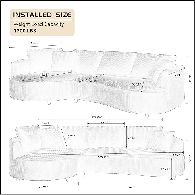 WILLIAMSPACE 122" Modern Curved Sofa, Upholstery Oversized Cloud Sofa With Chaise & Pillows, Left Hand Facing Sectional for Living Room (Left-Facing, Green Corduroy)