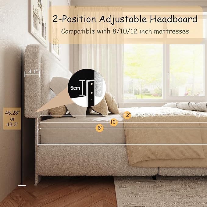 Queen Size Boucle Bed Frame, Cloud Upholstered Platform Bed with Height Adjustable Headboard & Soft Rounded Corners, No Box Spring Needed, Noise Free, Easy Assembly, White