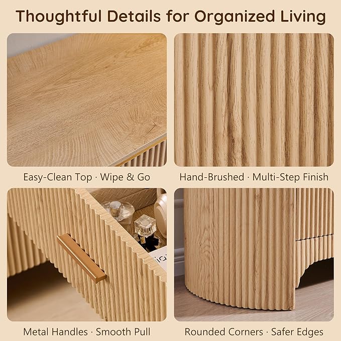 Fluted 6 Drawer Dresser for Bedroom with Curved Profile Design,53.9" W Chest of Drawers with Reeded Texture,Wide Storage Cabinet with Smooth-Glide Drawers,gold metal handle or Living Room,Natural Oak