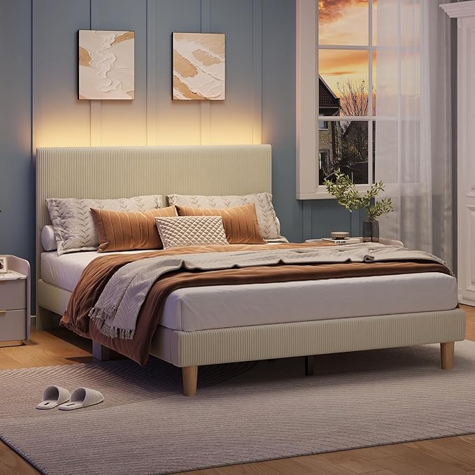 Bestier Queen Bed Frame with Adjustable Headboard, LED Lighting, Vertical Channel Tufted Corduroy Upholstered, Solid Wooden Slats Support, No Box Spring Needed, Never Squeaks, Easy Assembly, Taupe