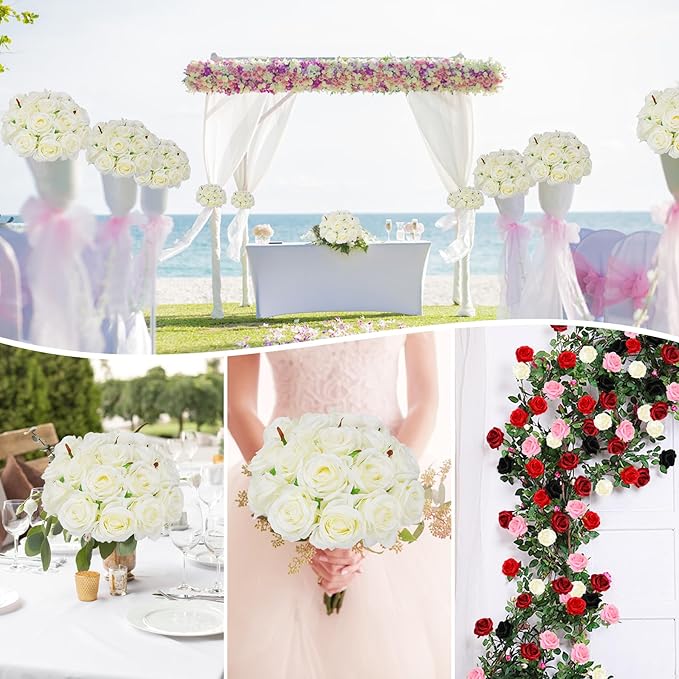 Nubry 50pcs Artificial Silk Roses Bulk,Fake Roses Flower with Stems Realistic Flowers for Wedding Centerpiece Home Party Decor(White)