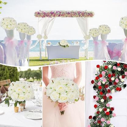 Nubry 50pcs Artificial Silk Roses Bulk,Fake Roses Flower with Stems Realistic Flowers for Wedding Centerpiece Home Party Decor(White)