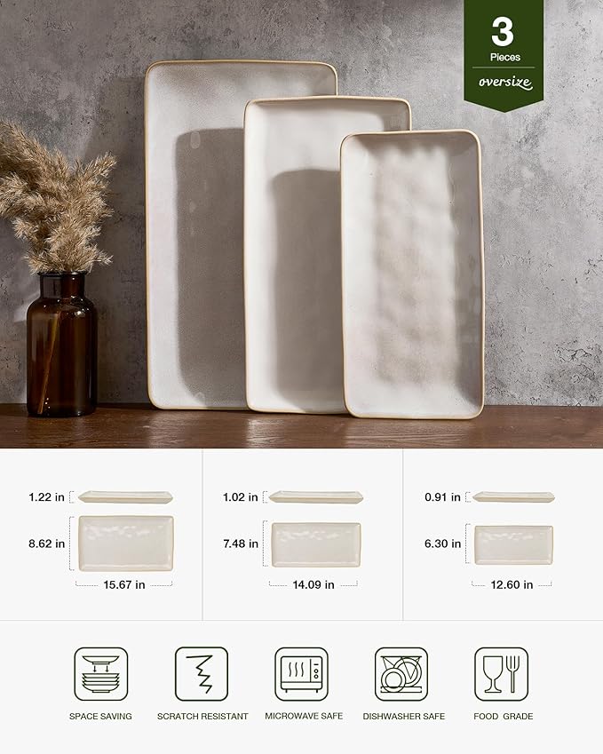 famiware Serving Platter, Rectangular 15.67/14.1/12.6inch Serving Dishes for Entertaining, Microwave Dishwasher Safe, Stoneware for Party, Turkey, Cheese, Ocean Series, Cappuccino White